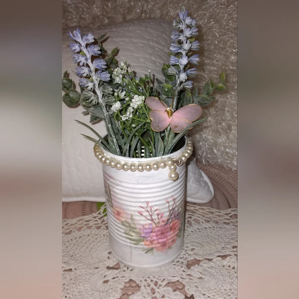 Unique Romantic Shabby Chic Tin Can Vase with Frosted Greenery & Faux Pearls